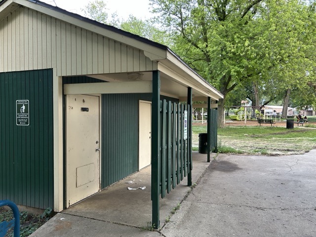 Restrooms, swings, and playground equipment at Bird Park, off the Kankakee River, between Riverside Hospital and St. Mary's Hospital