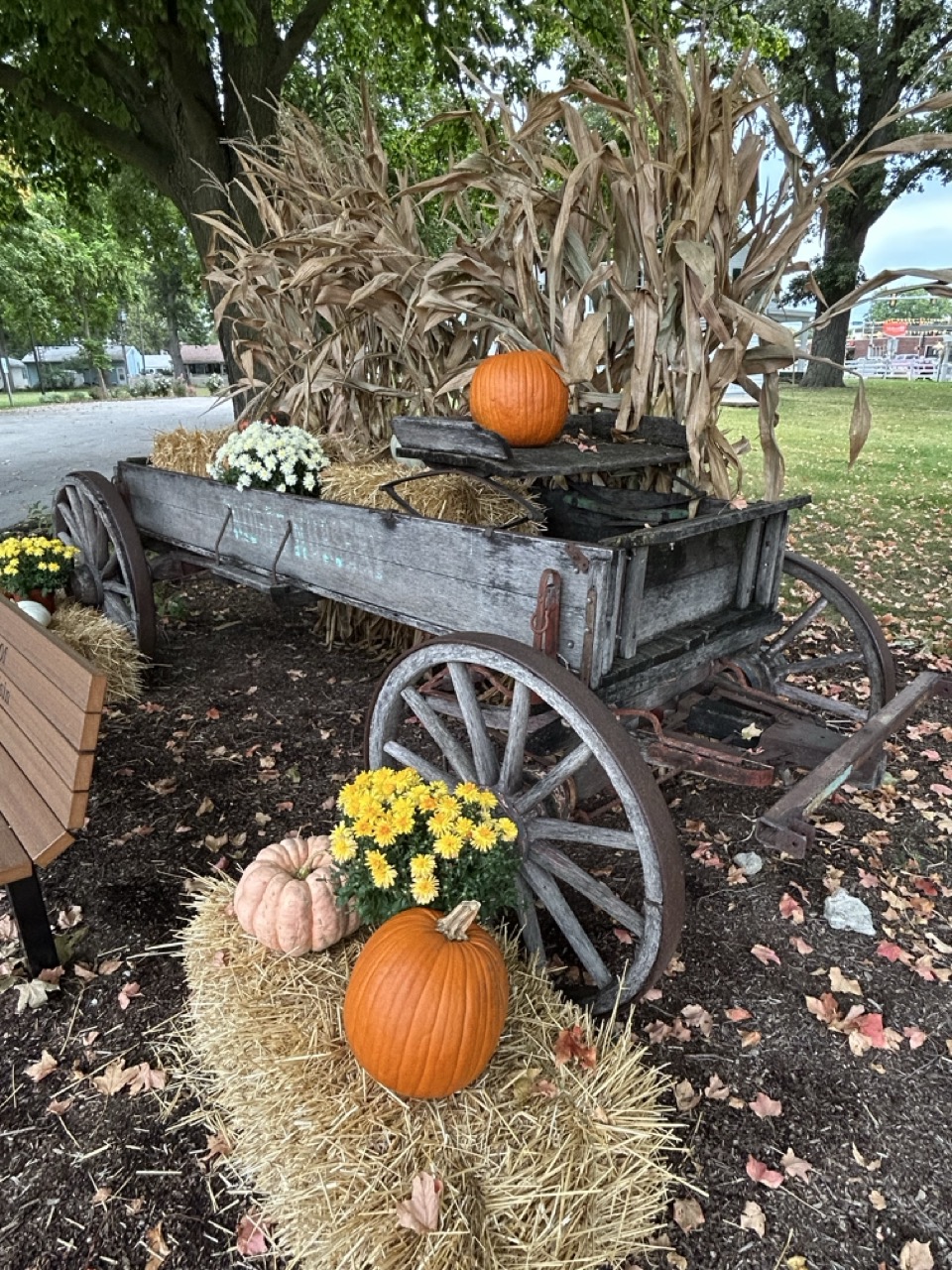 Vintage wagon at Perry Farm decorated with a hay bale and pumpkins for fall.