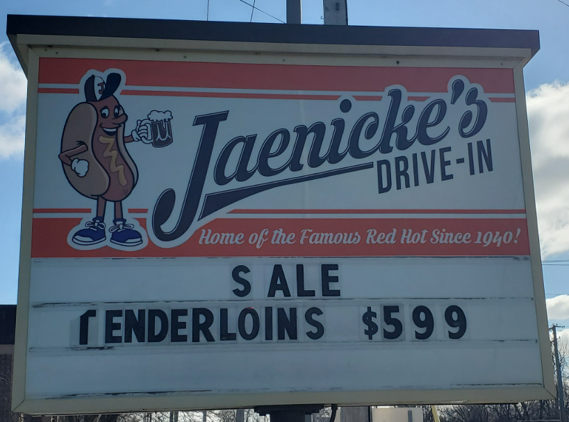 Sign for Jaenicke's drive-in in Bourbonnais, Illinois.