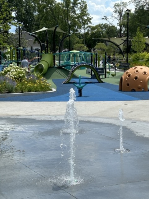 A view of the splash pad from the playground at the Bourbonnais Grove.